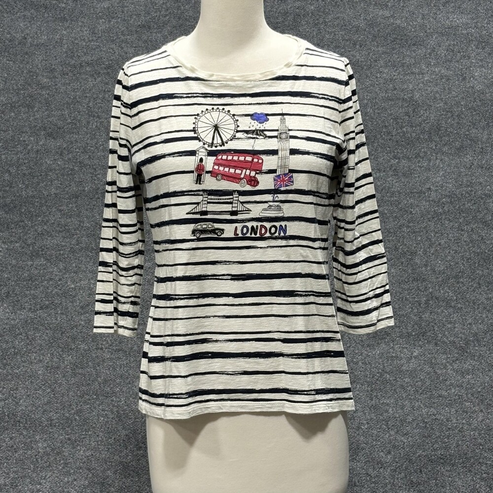 Talbots Shirt Womens Petite Medium White Navy Striped London Graphic 3/4 Sleeve
